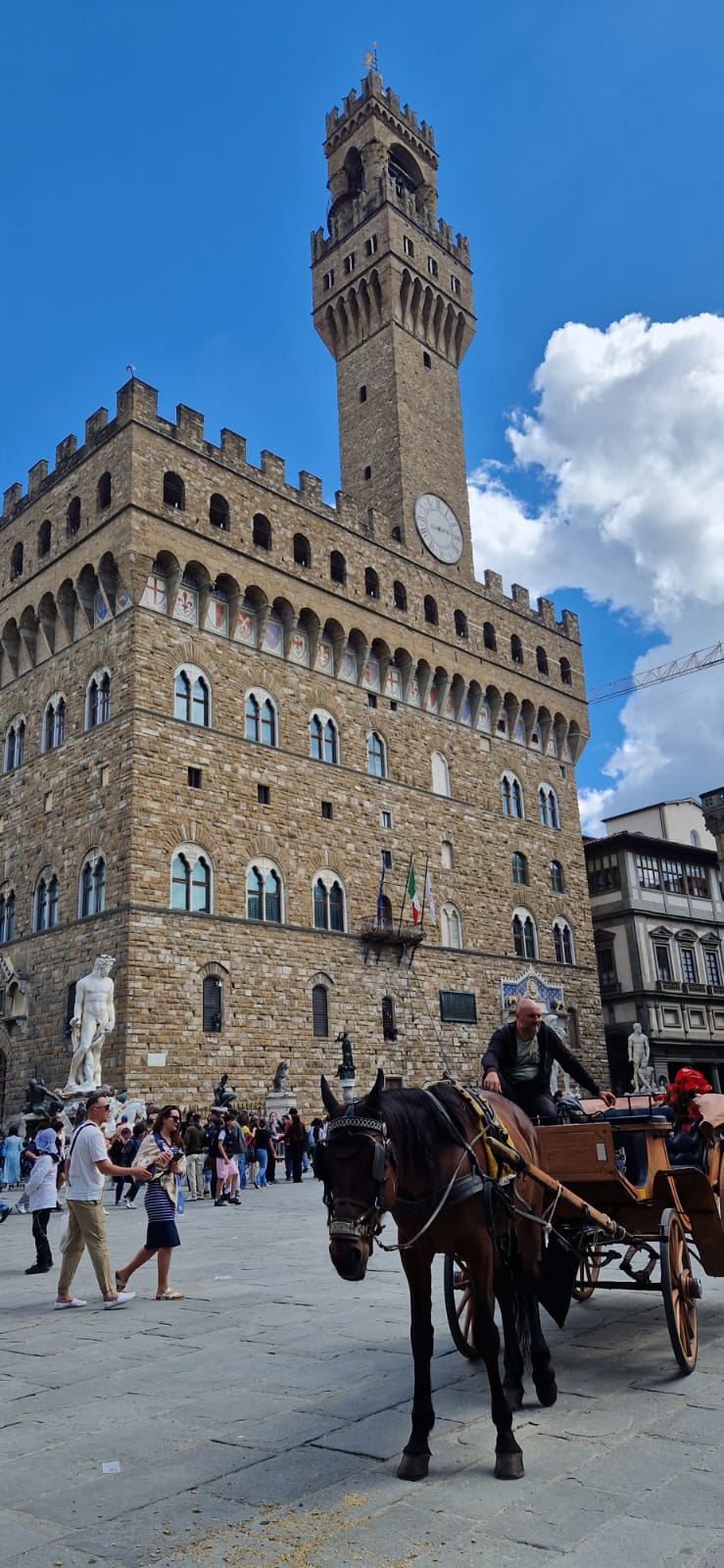 Historic stone building and tower with clock, horse-drawn carriage, busy plaza, statues, cloudy sky.