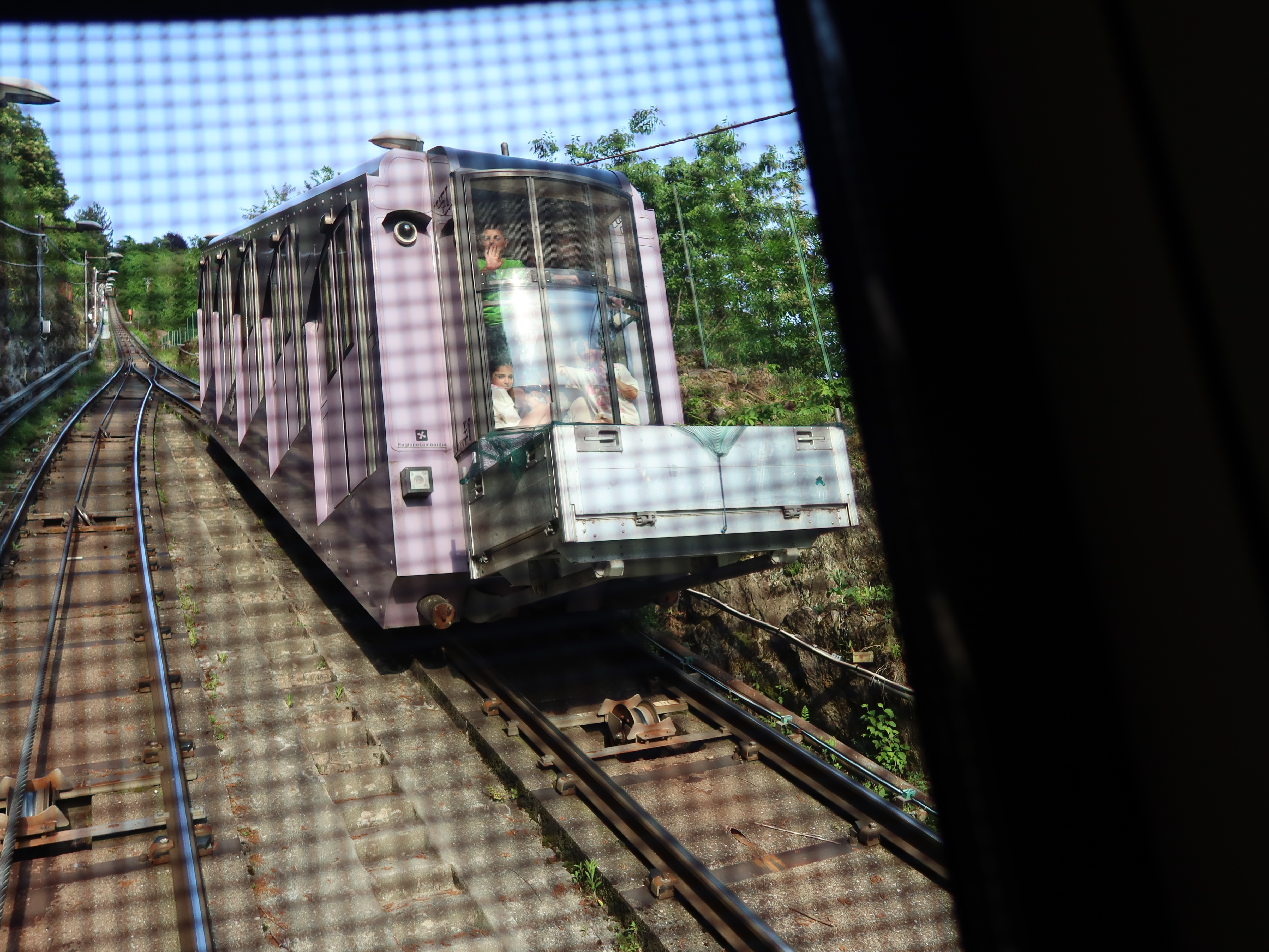 Purple funicular car ascending rails through greenery, seen from behind gridded barrier.