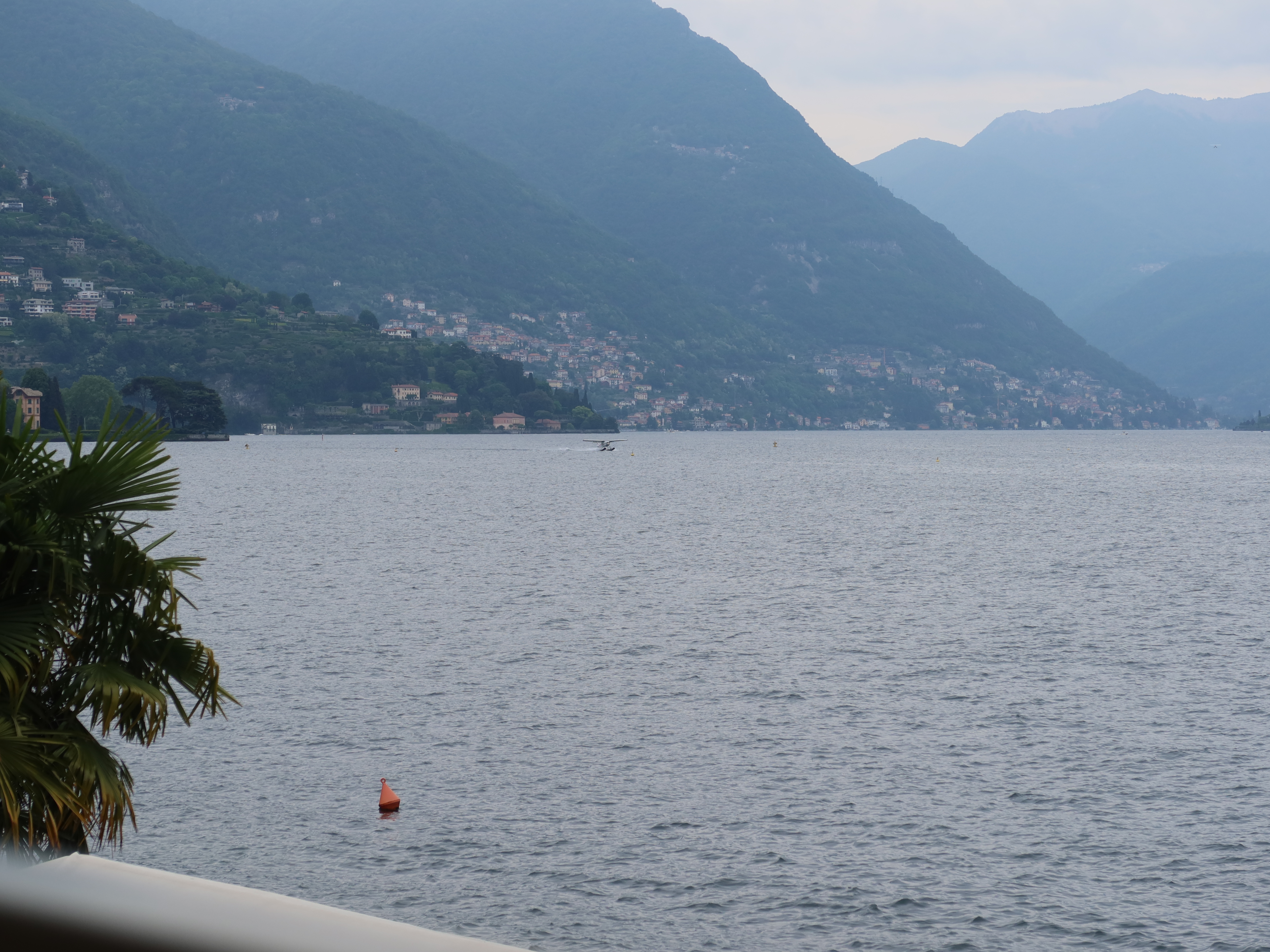 Lake view with mountains and scattered houses; palm leaves and buoy in foreground. Overcast sky.