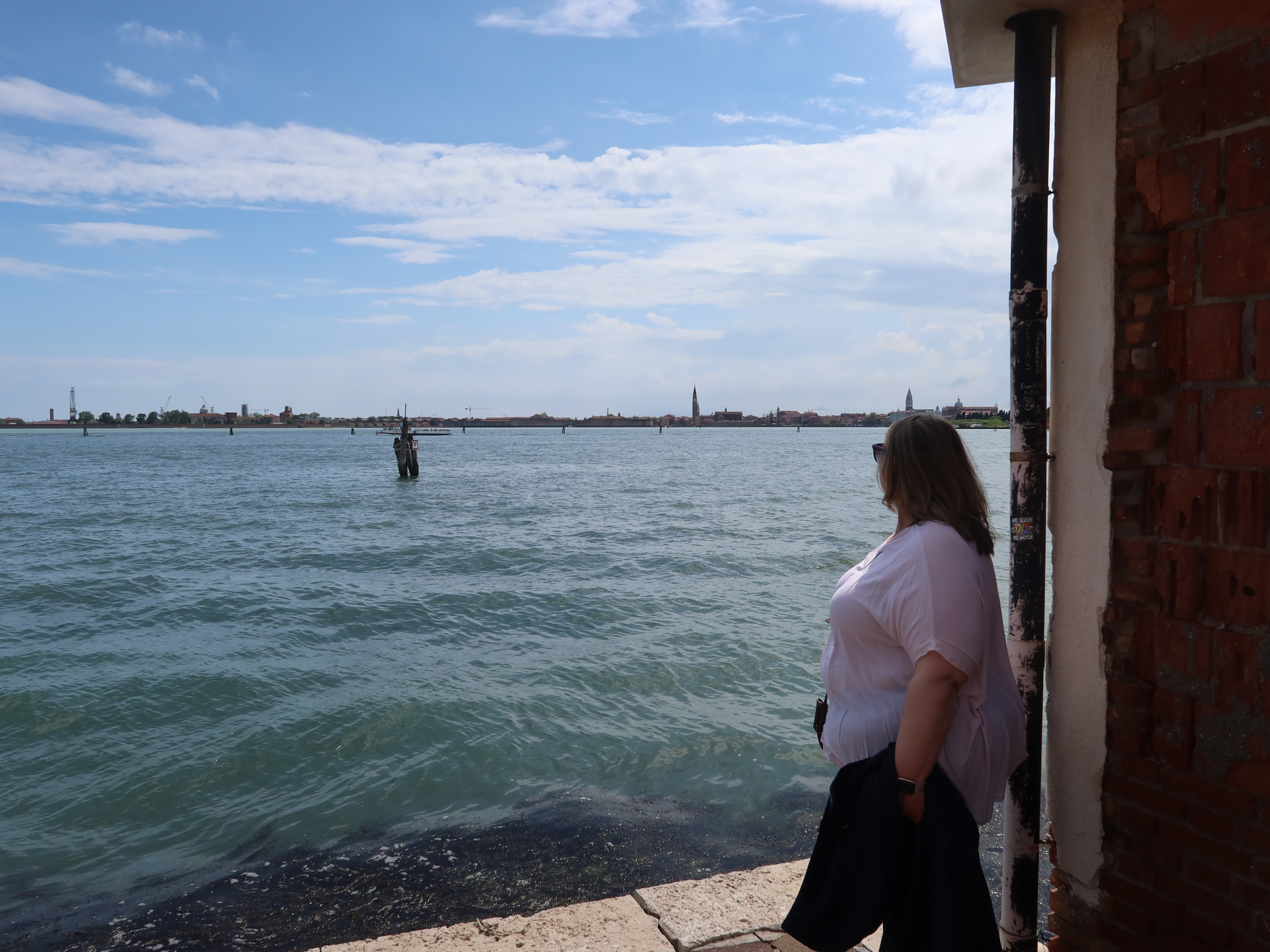 Person by brick wall, gazing at water with distant buildings under partly cloudy sky.
